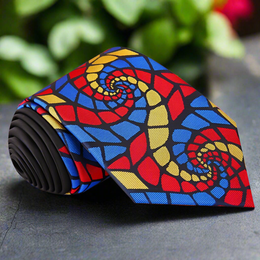 Close-up of premium abstract swirl pattern silk tie in vibrant red color