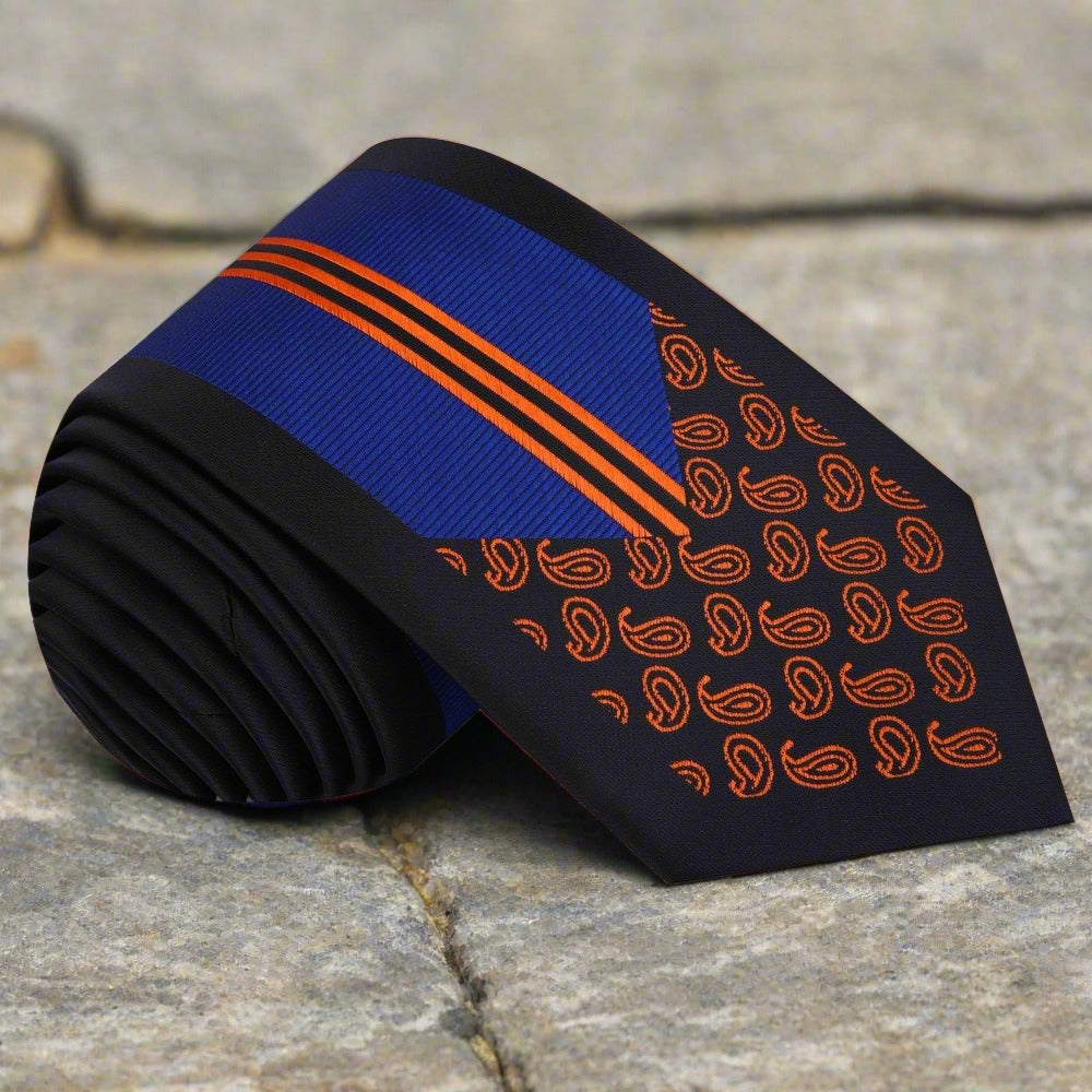 Close-up of a blue silk tie with floral pattern for formal occasions