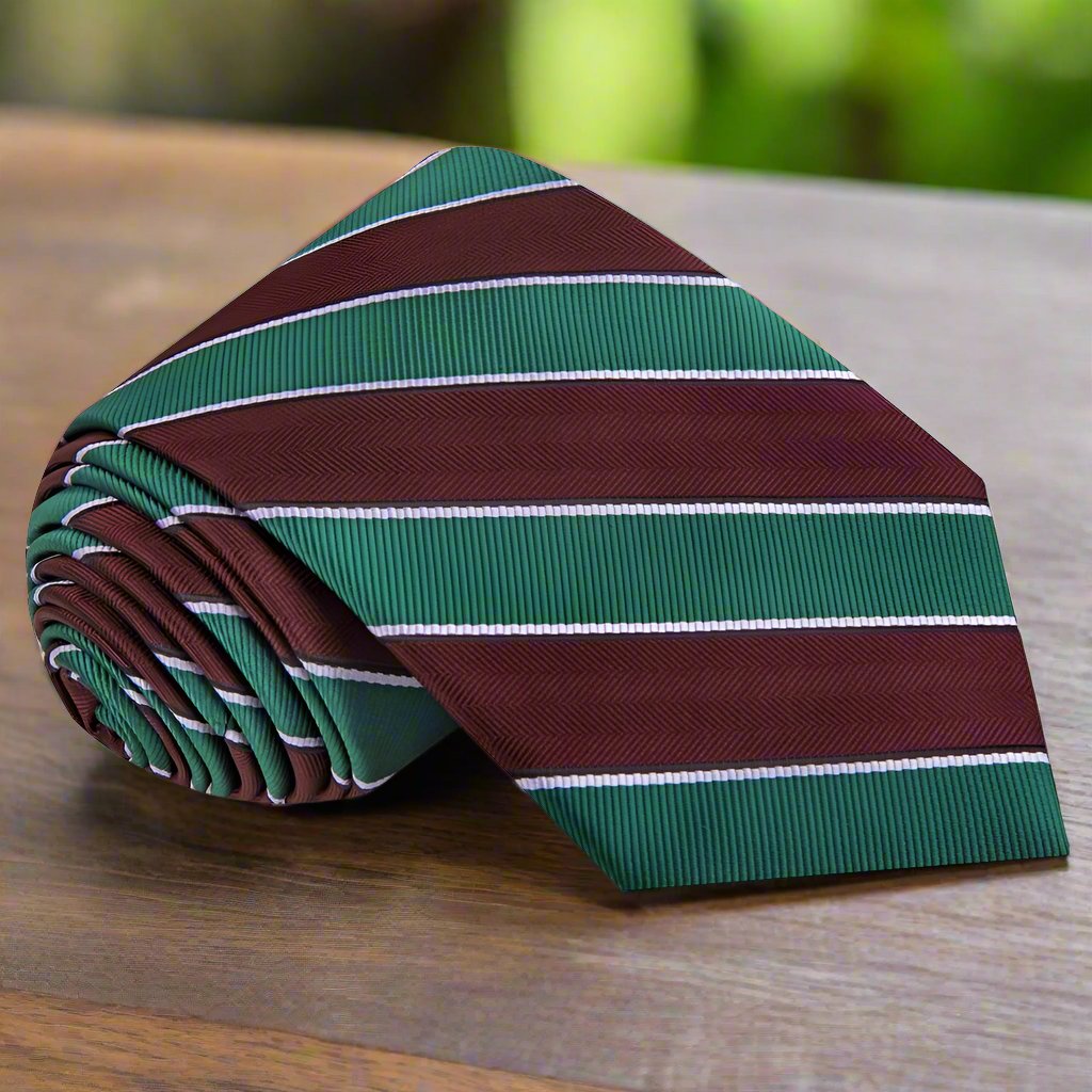 Model wearing the blue and green silk tie paired with a navy suit.