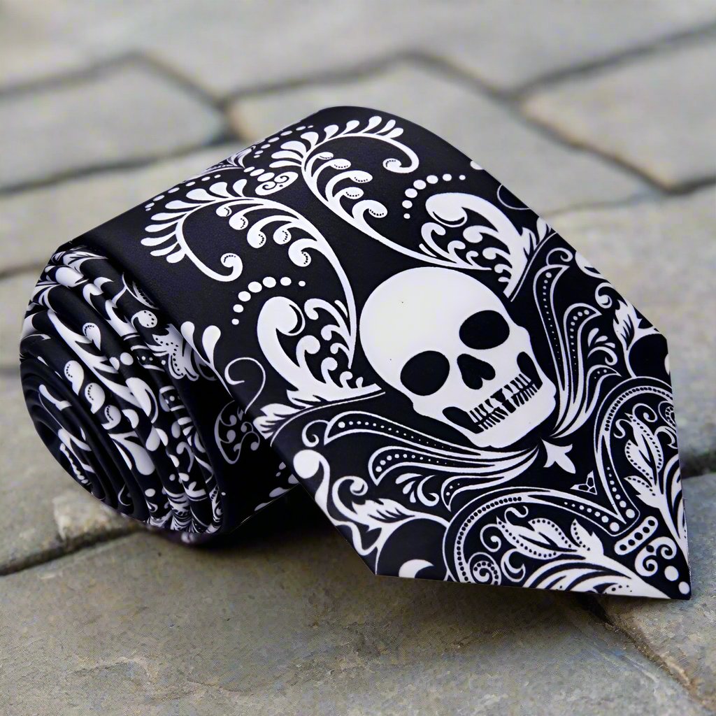 Black and grey skull pattern men's tie on display, front view