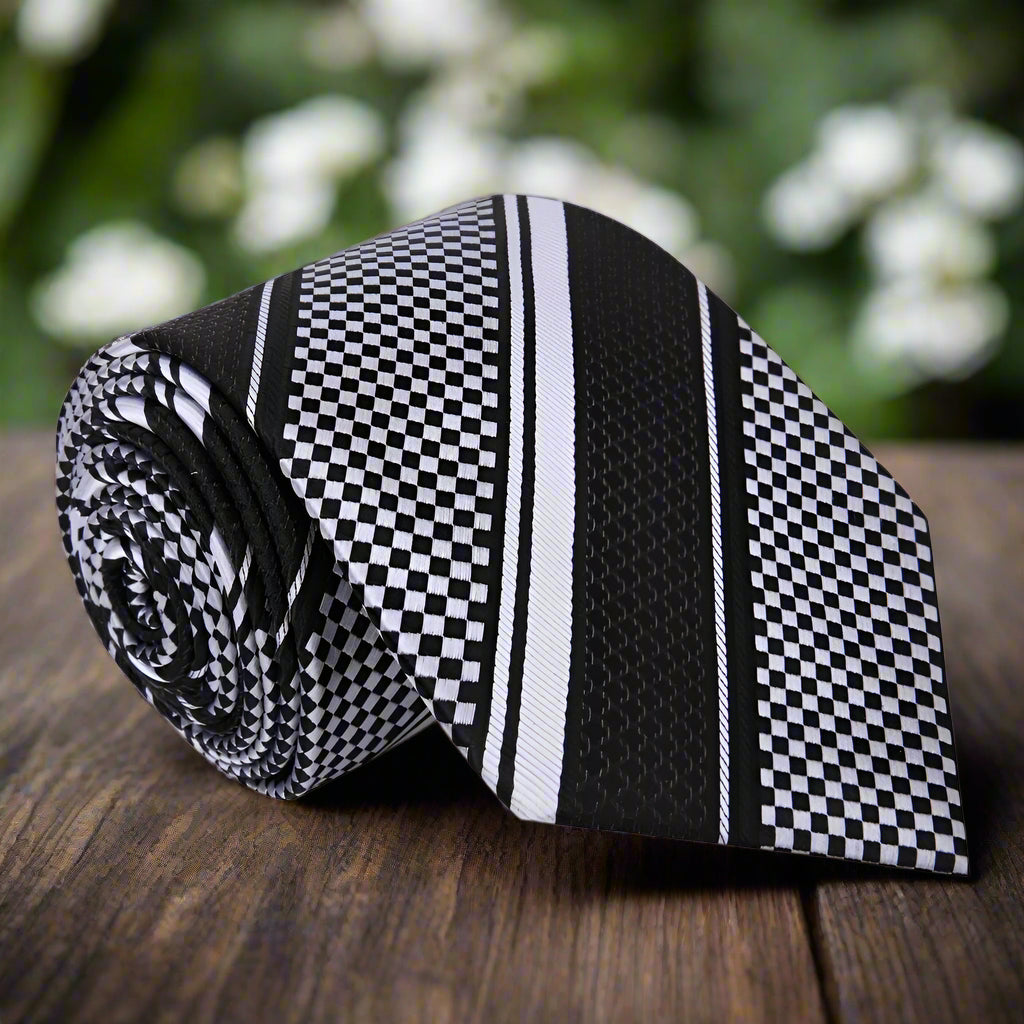 Close-up of the Mamba silk necktie showing geometric stripe pattern