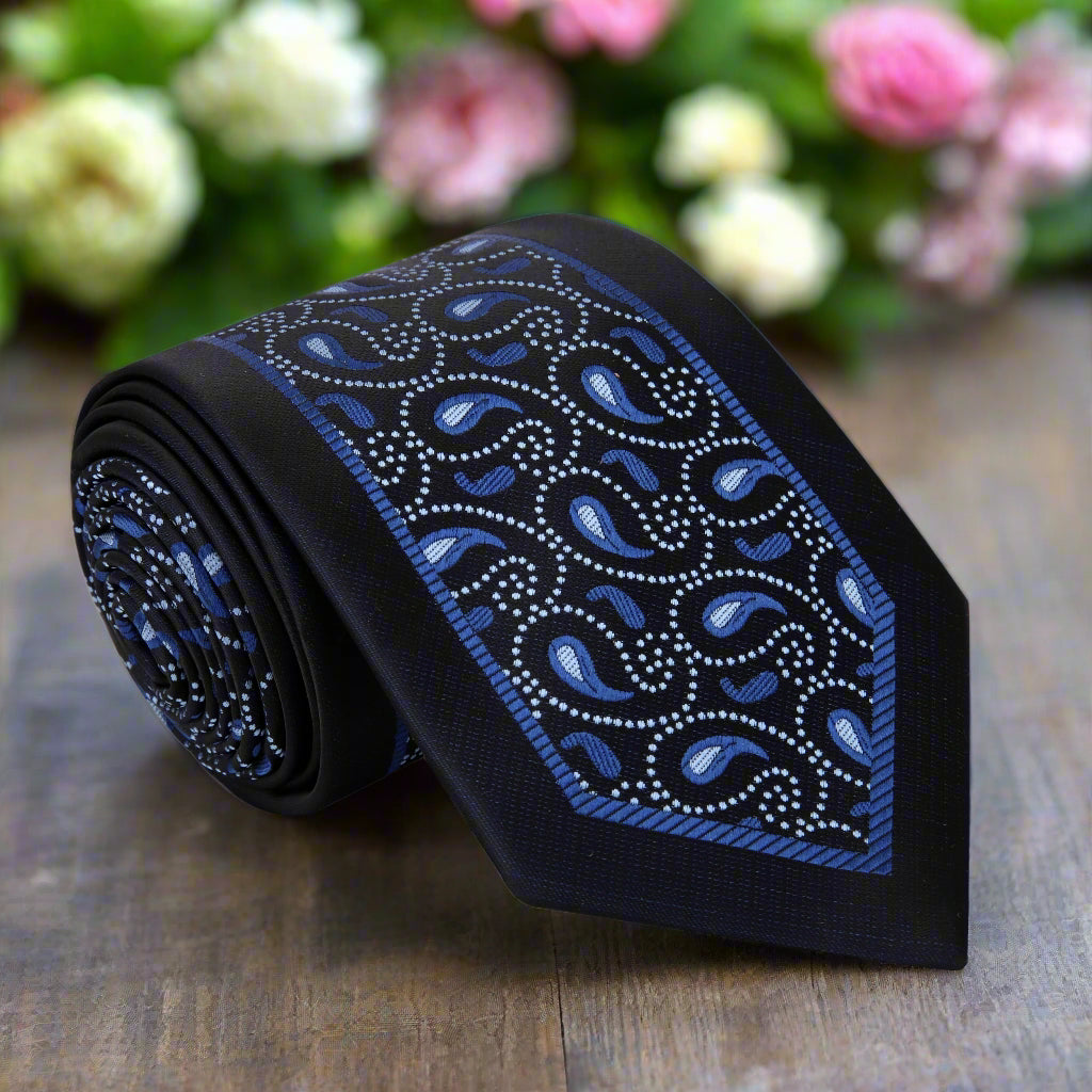Close-up of paisley pattern on blue silk tie, perfect for formal wear