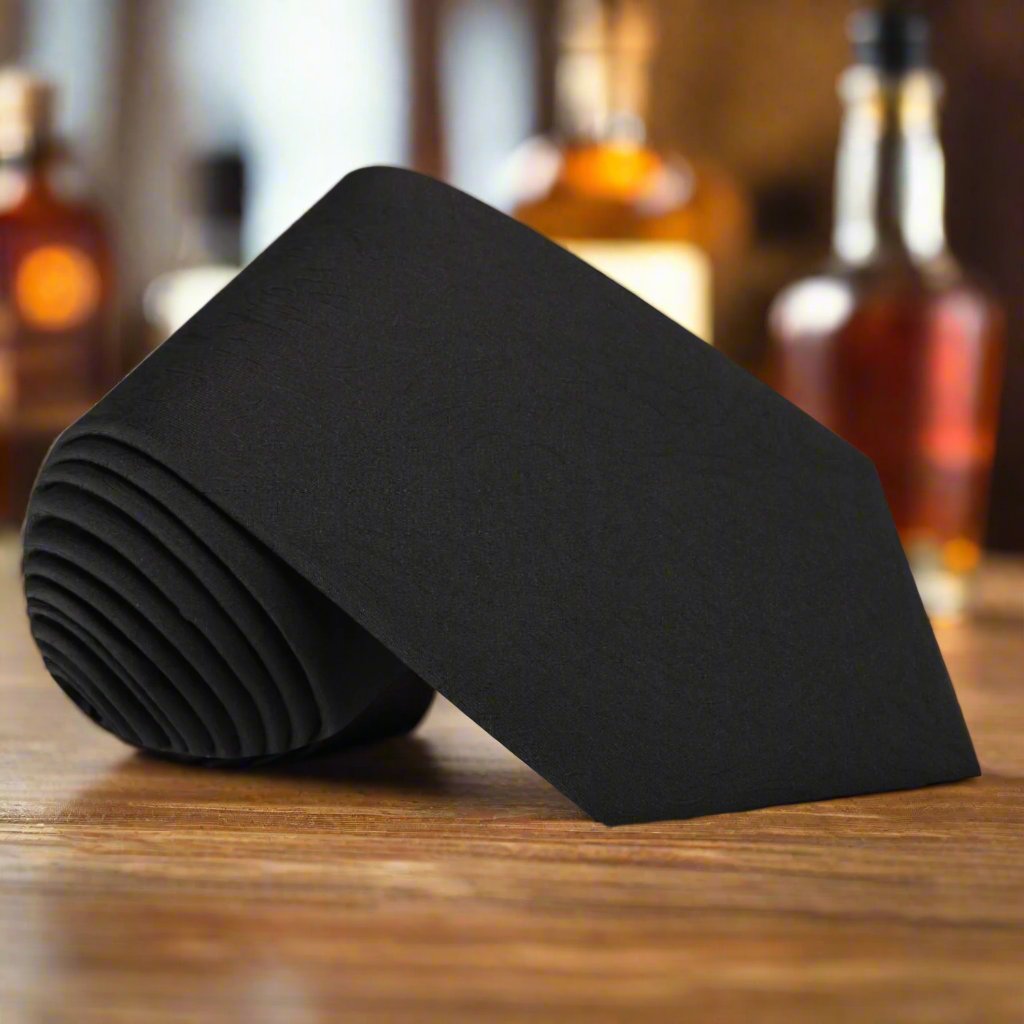 Close-up of the black silk necktie showcasing the abstract pattern.