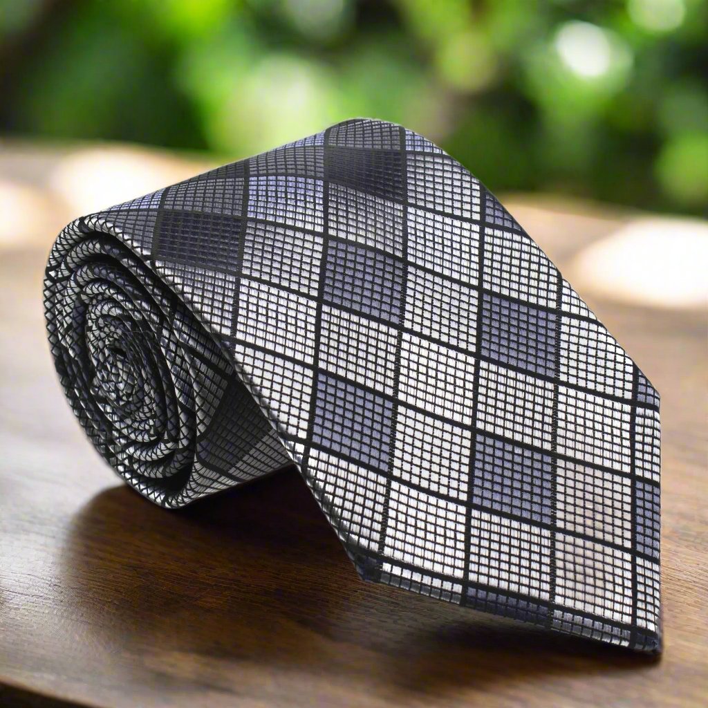 Elegant geometric silk tie in shades of blue, yellow, and grey for men