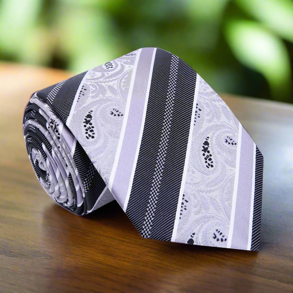 Close-up of the sophisticated grey paisley silk necktie showcasing intricate patterns.