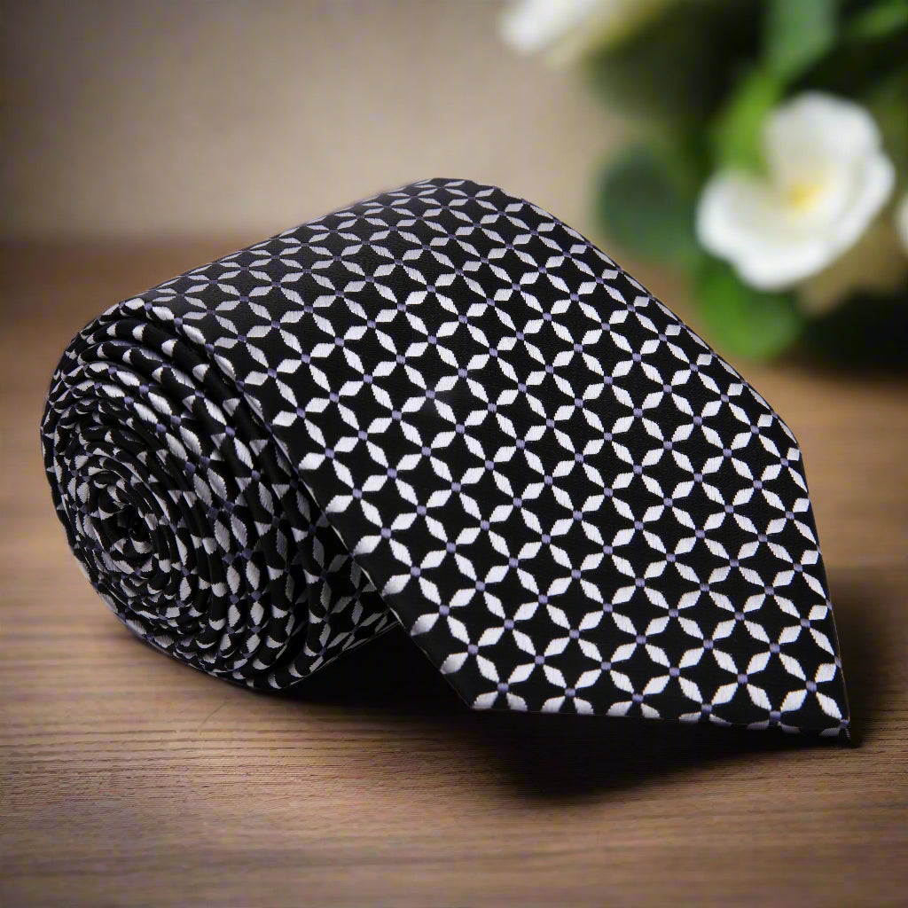 Elegant geometric silk tie in black and silver for formal occasions