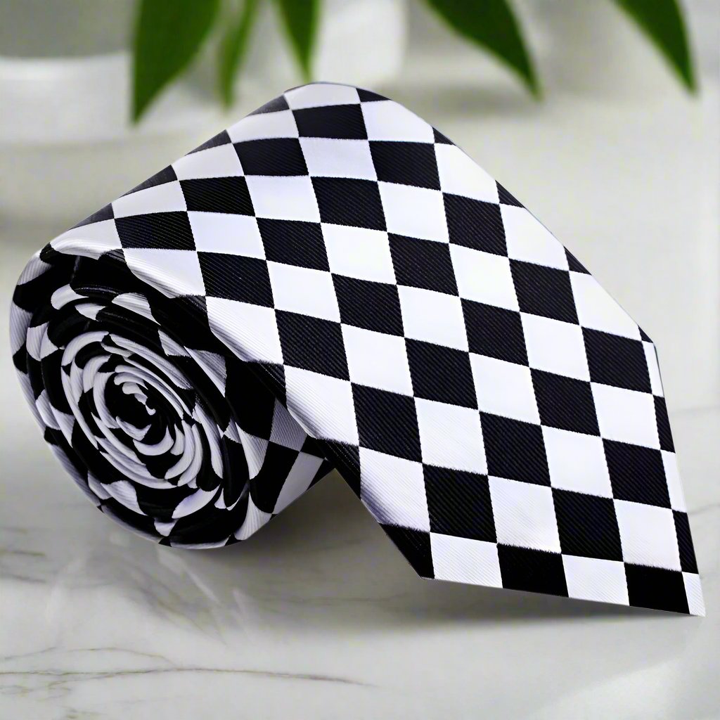Elegant checkerboard necktie in light grey and black, perfect for corporate events.