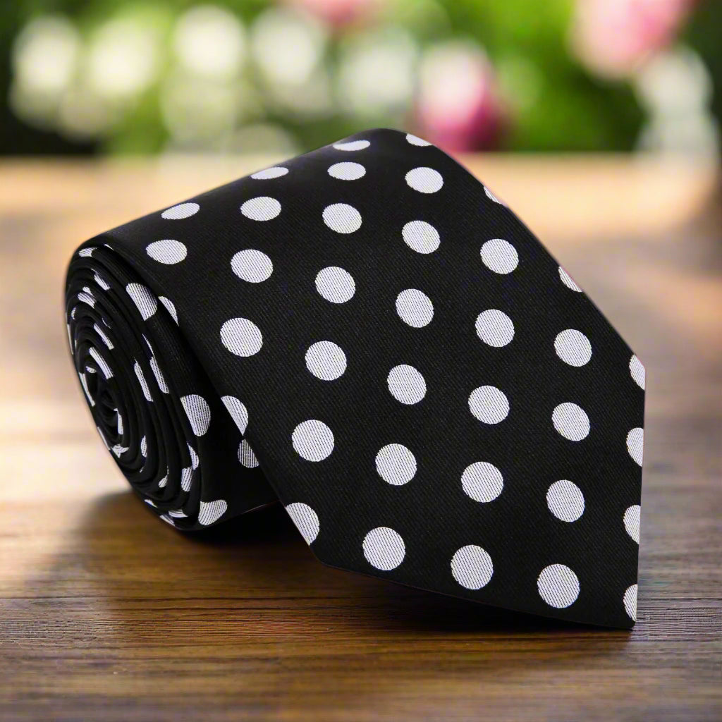 Close-up of a chic polka dot silk tie in navy and grey, perfect for weddings.