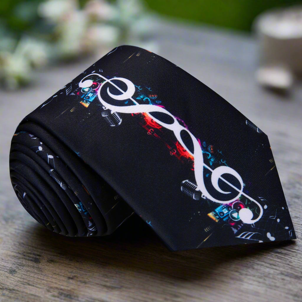 Close-up view of the black necktie featuring vibrant music notes, ideal for musicians and music lovers.