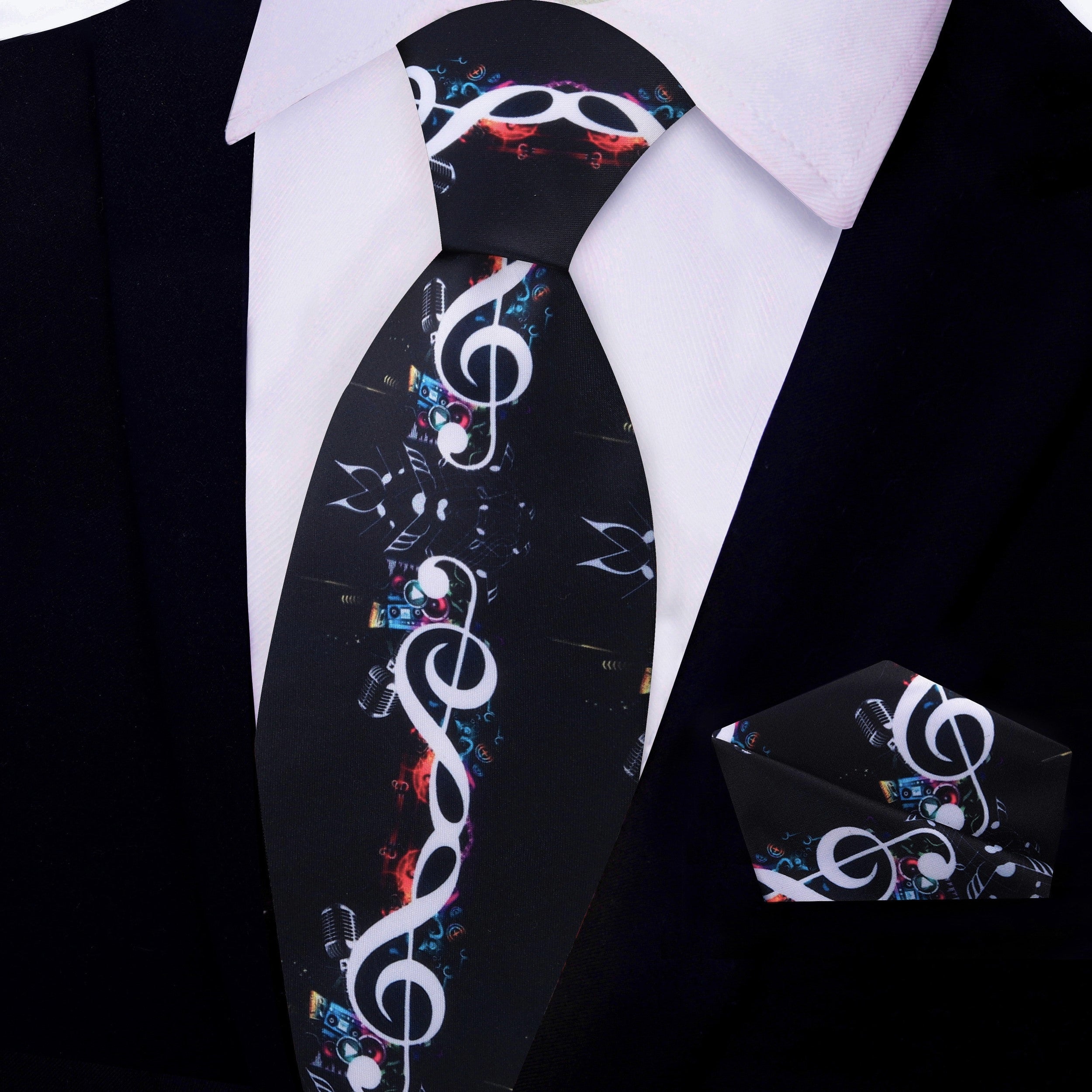 Close-up view of the black necktie featuring vibrant music notes, ideal for musicians and music lovers.