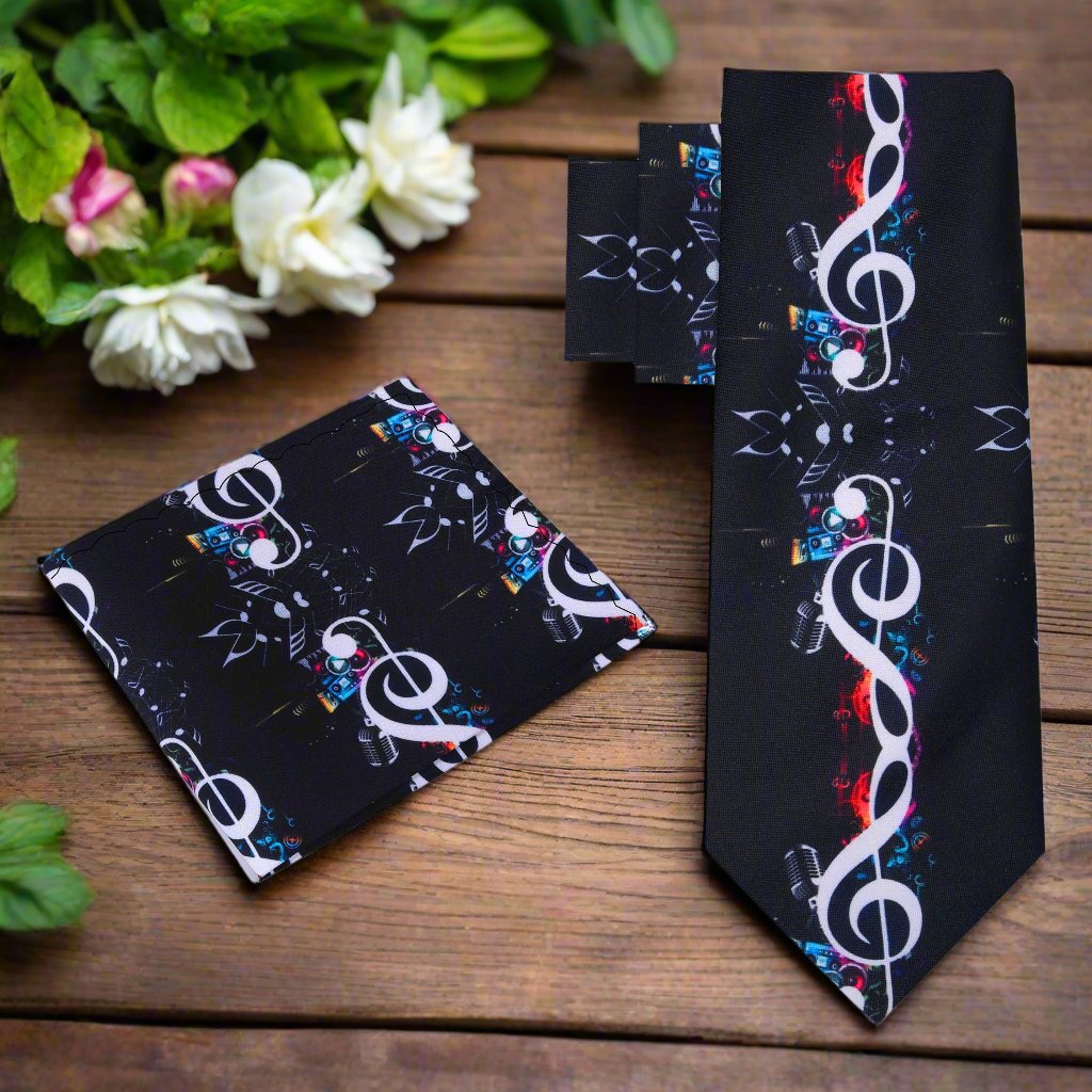 Matching pocket square alongside the black necktie, emphasizing the musical motifs and premium silk fabric.