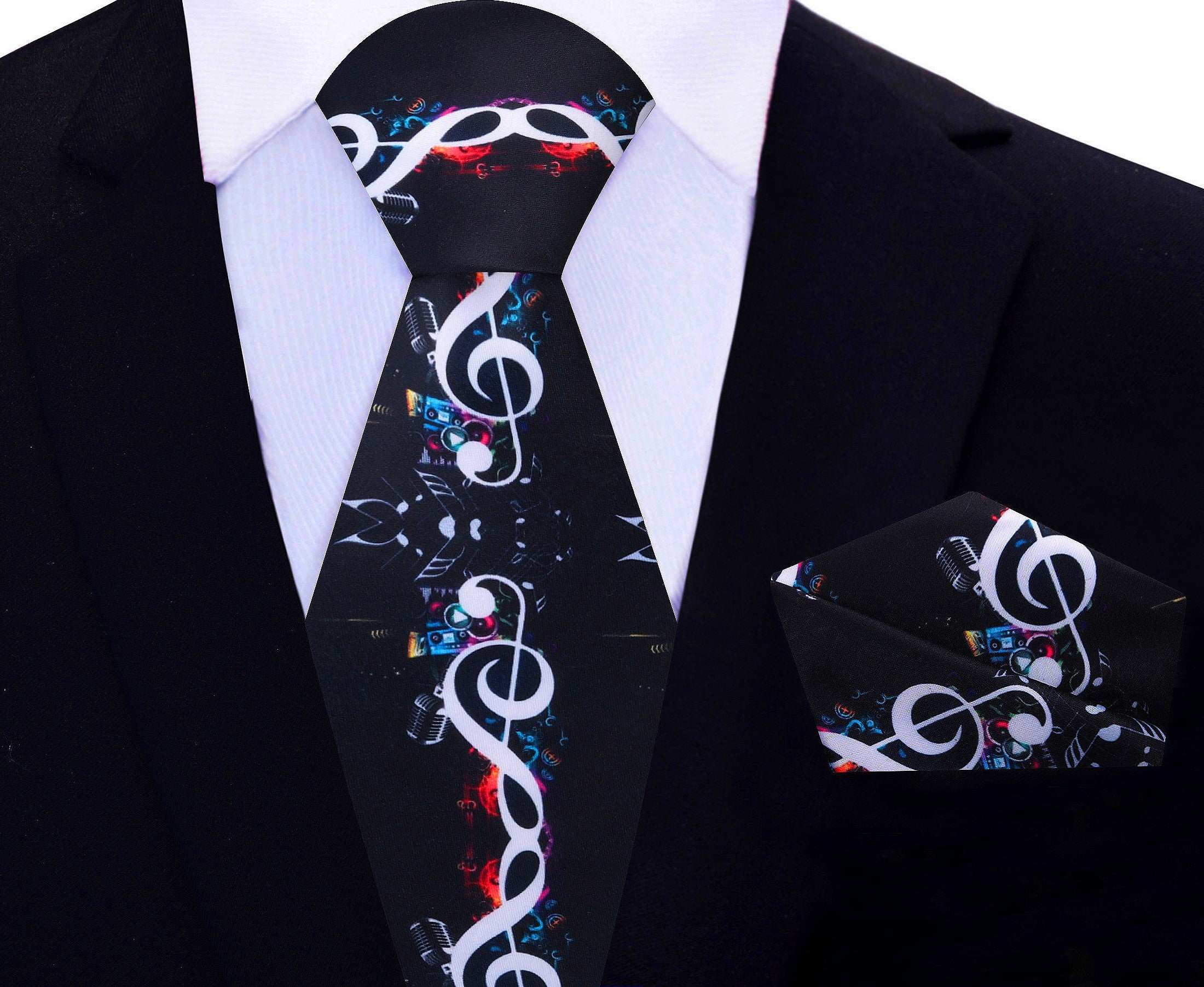 Matching pocket square alongside the black necktie, emphasizing the musical motifs and premium silk fabric.