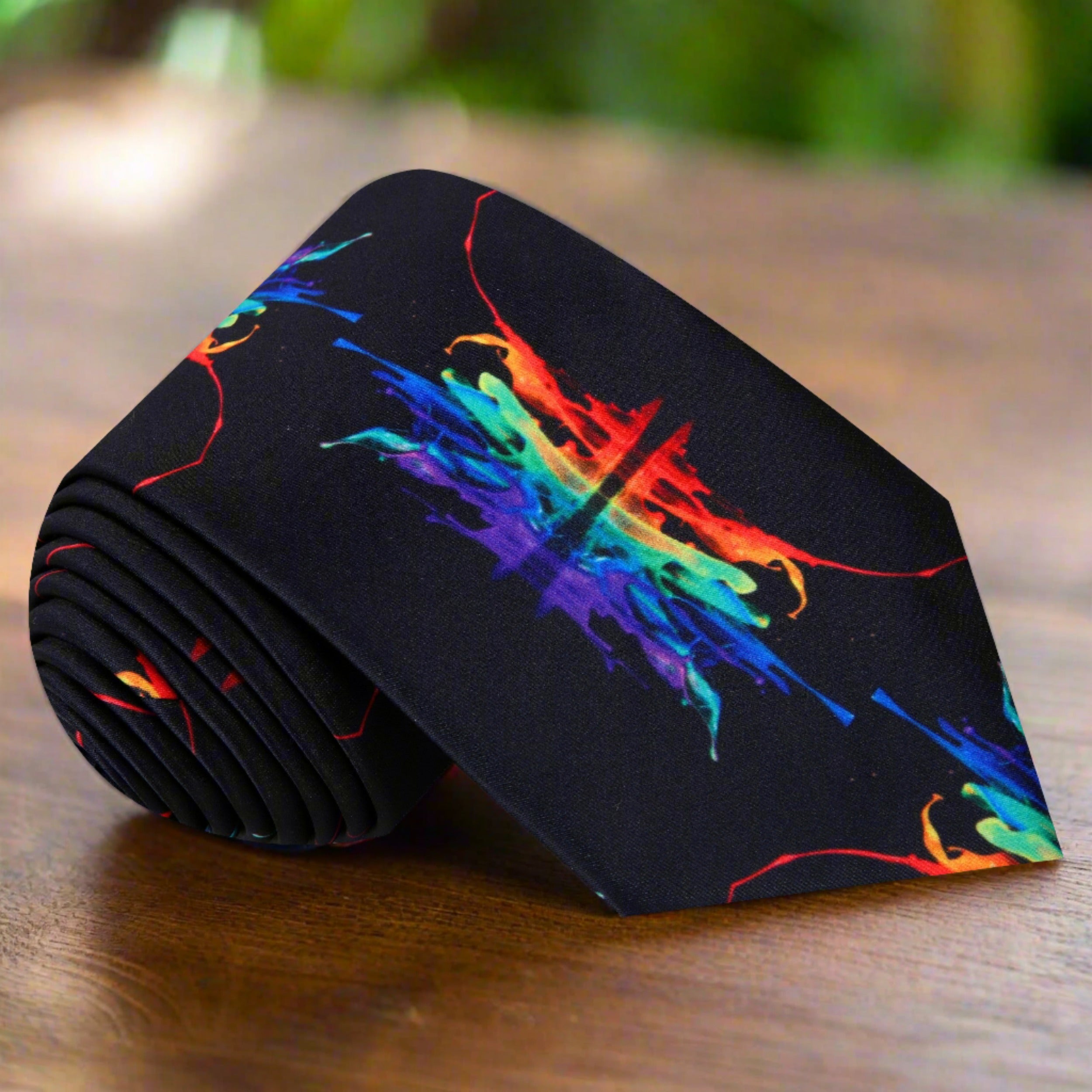 Close-up view of the vibrant paint splash silk tie, highlighting its unique artistic design and colors.