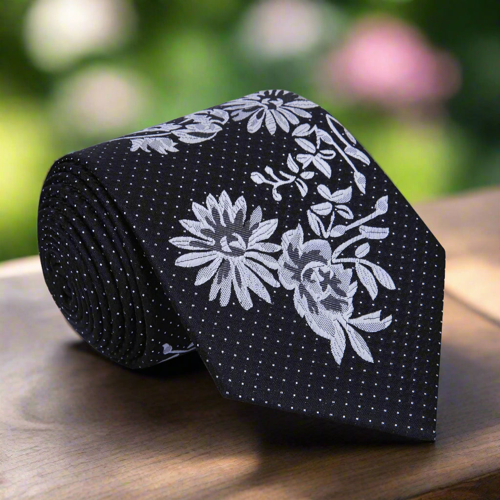 Elegant floral necktie for formal dinner with black suit and white shirt