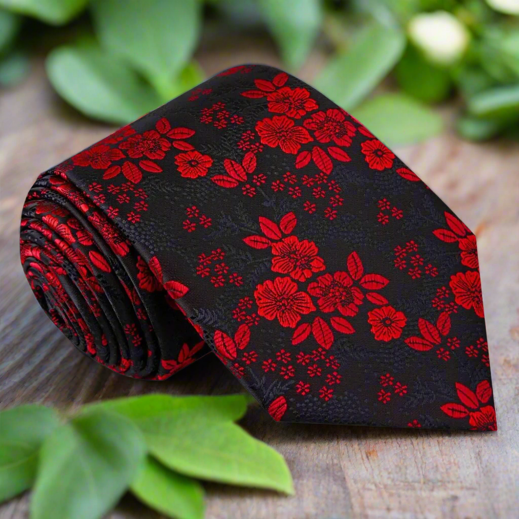 Elegant black and red floral silk necktie draped on a hanger showcasing intricate pattern