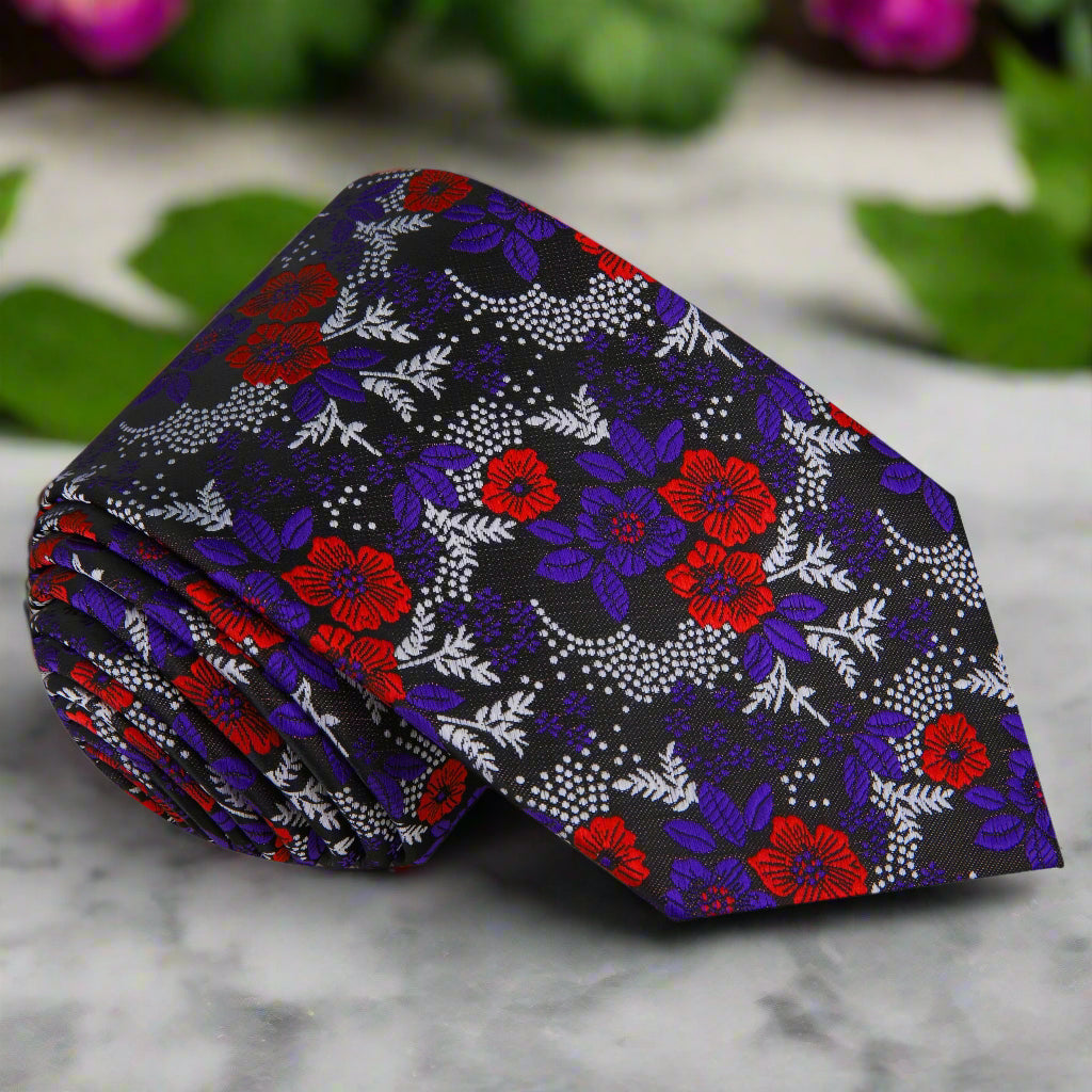 Vibrant floral silk necktie in black, red, purple, and silver for formal occasions