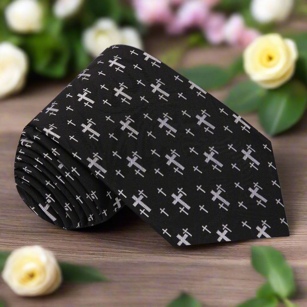 Black silk necktie with grey crucifix crosses, front view
