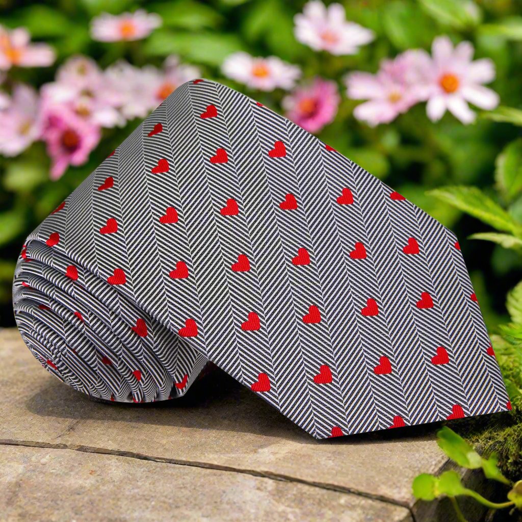 Close-up view of the Heartfelt Elegance Silk Necktie showing intricate heart details against a black background.