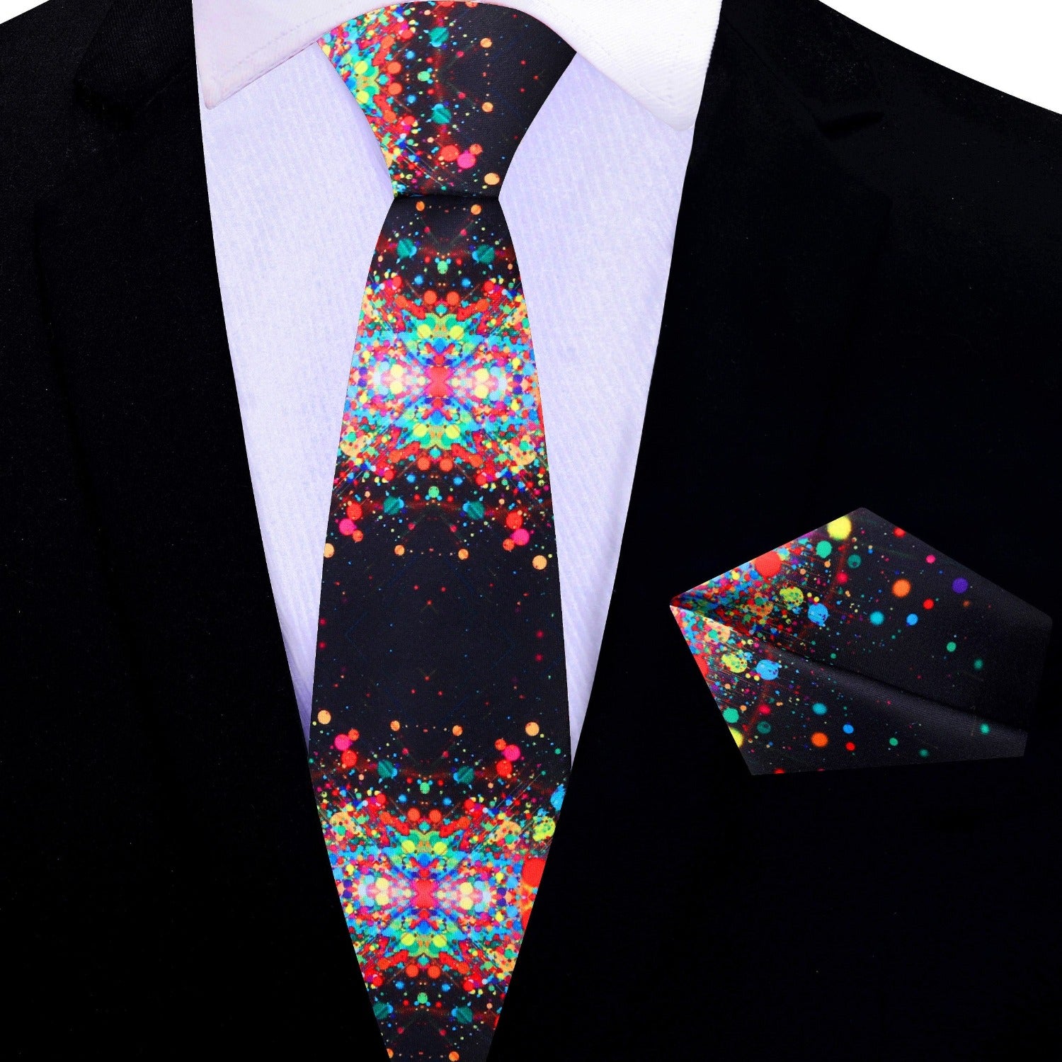 Close-up of the ink blot abstract silk necktie showcasing the vibrant paint splatter pattern