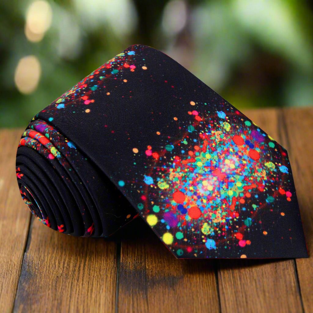 Close-up of the ink blot abstract silk necktie showcasing the vibrant paint splatter pattern
