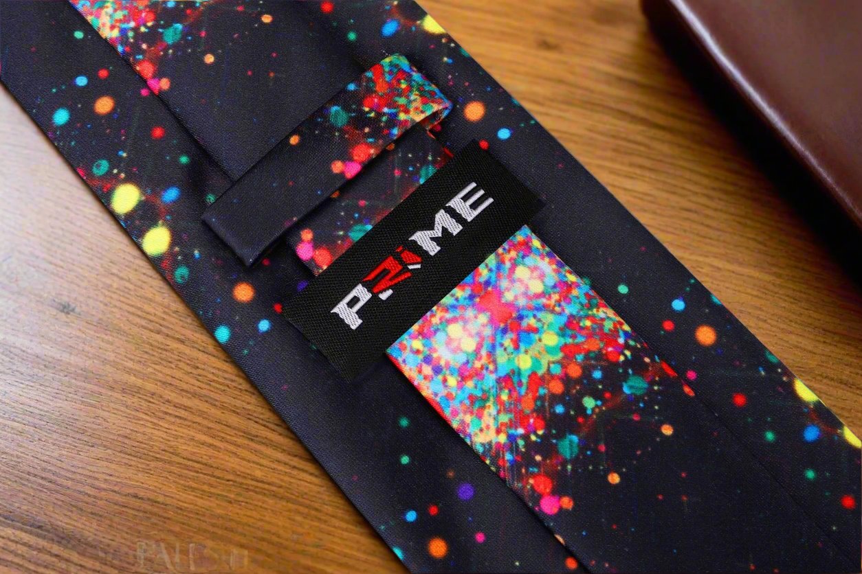 Close-up of the ink blot abstract silk necktie showcasing the vibrant paint splatter pattern