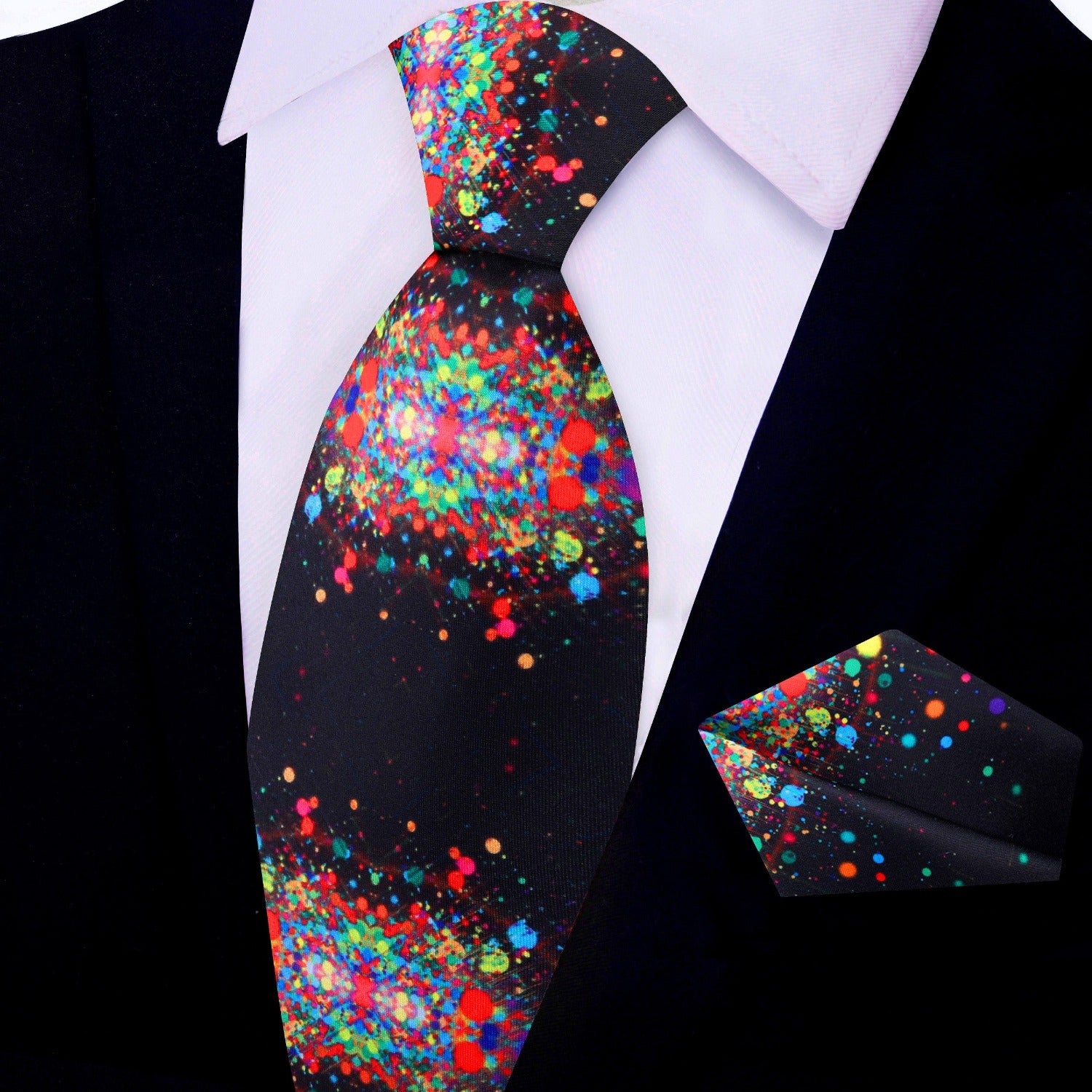 Silk necktie with abstract design paired with a classic suit for a stylish look