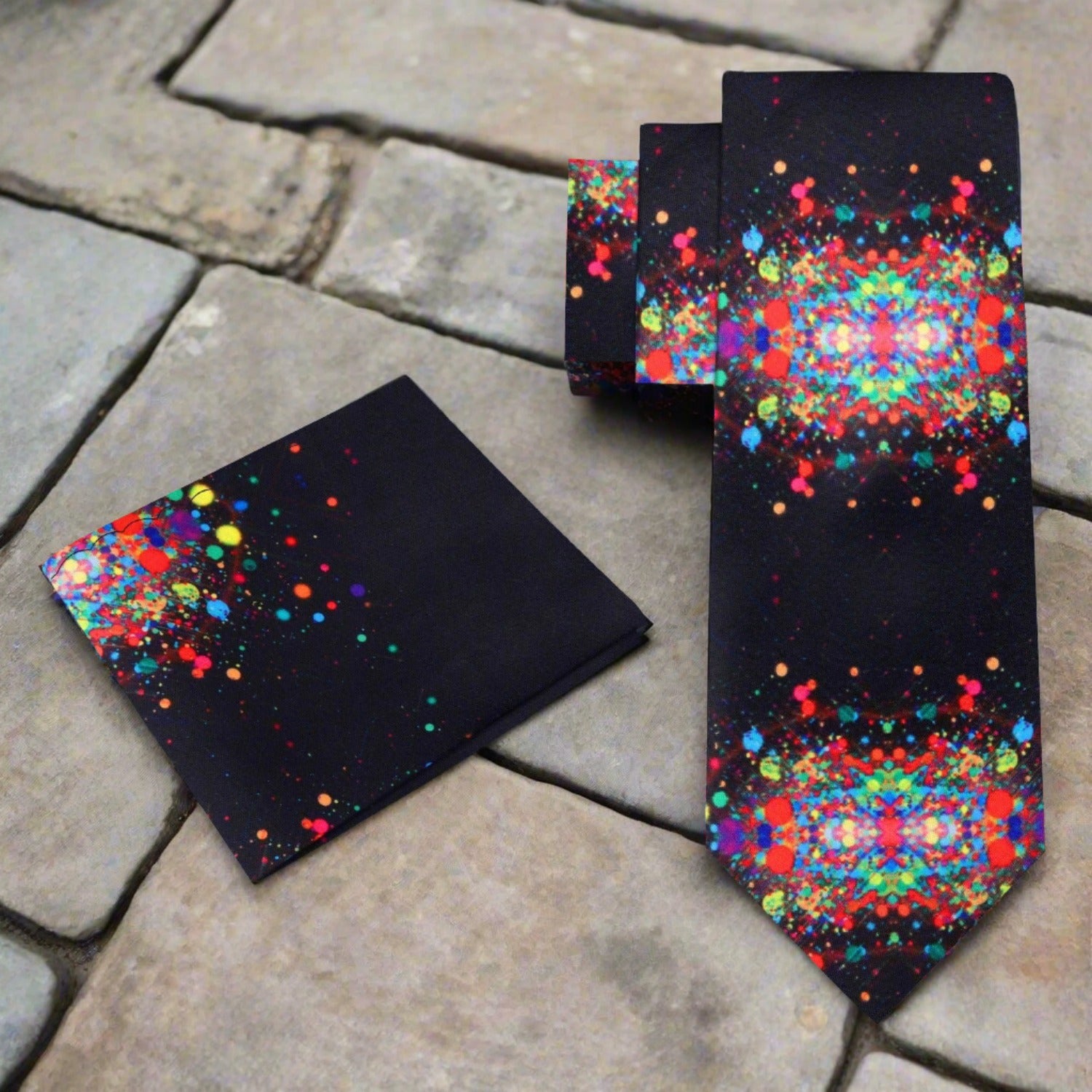Silk necktie with abstract design paired with a classic suit for a stylish look
