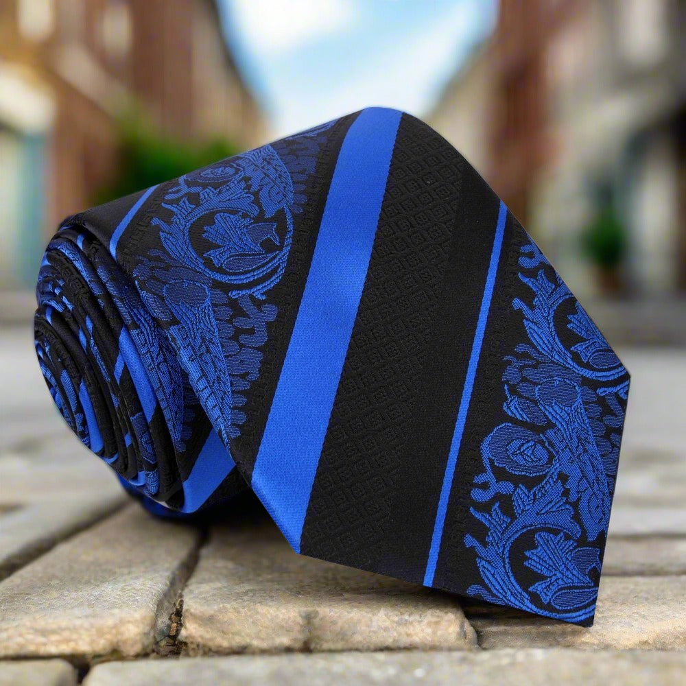 Elegant floral silk necktie displayed with matching pocket square, showcasing vibrant colors.