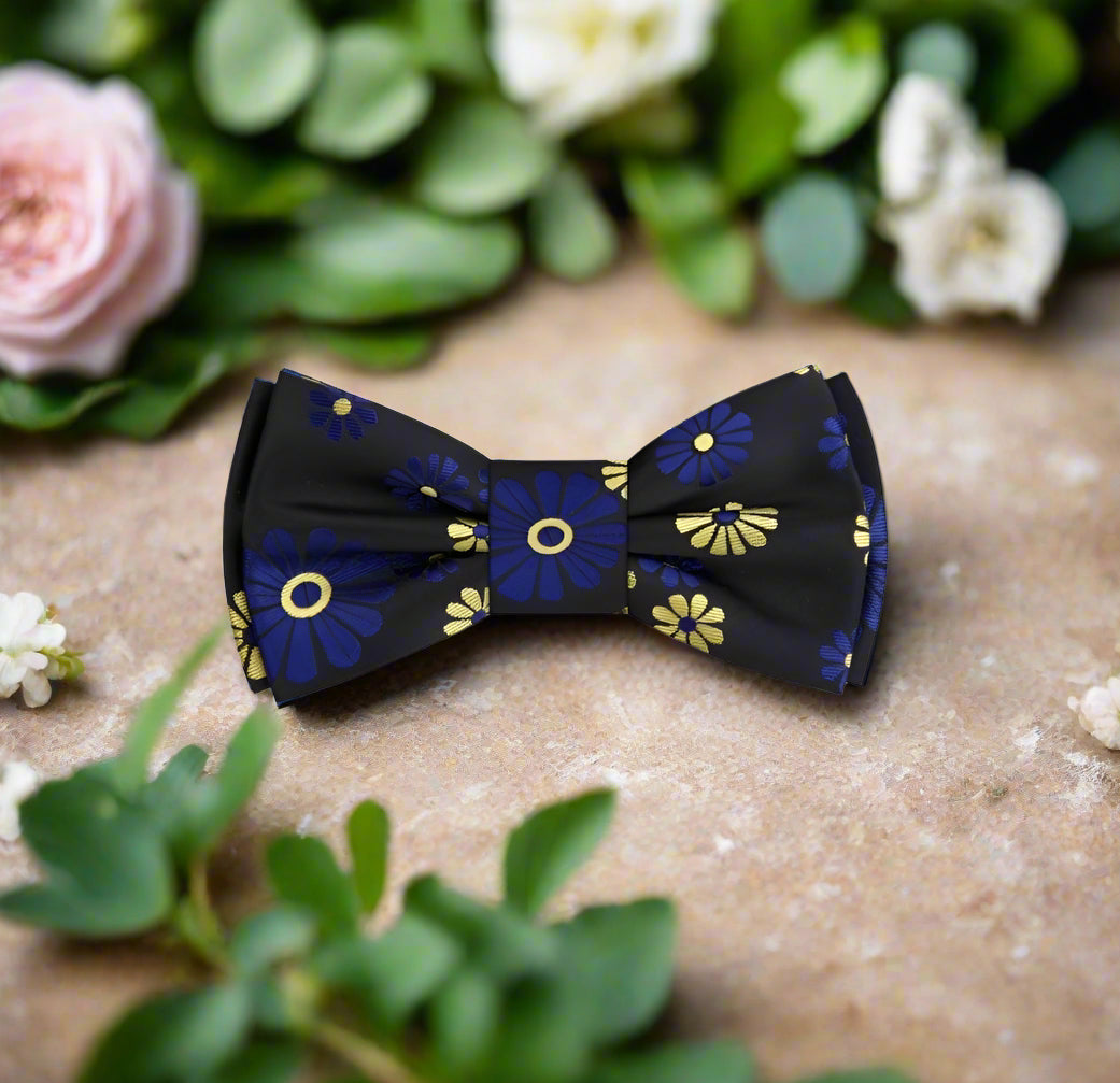 Close-up of a vibrant flower bow tie in silk material