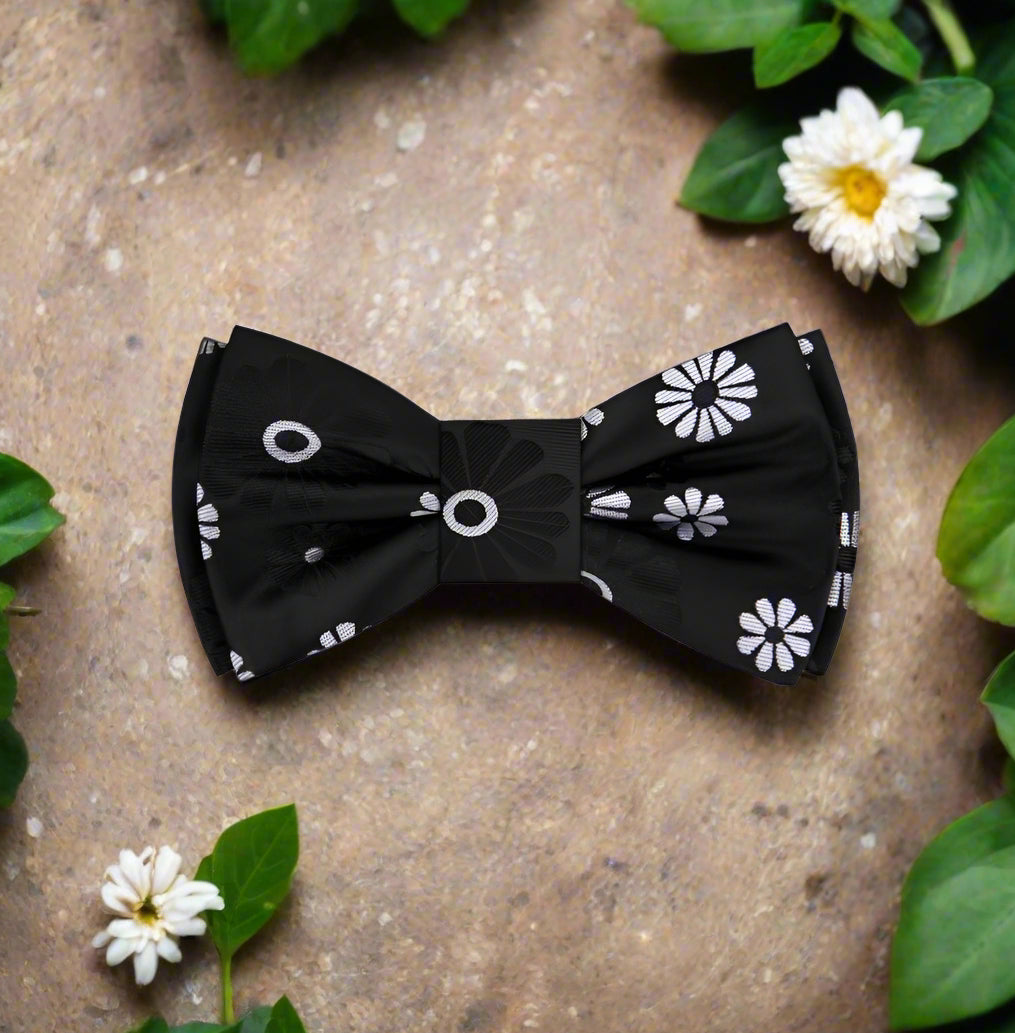 Close-up of a vibrant flower bow tie in silk material