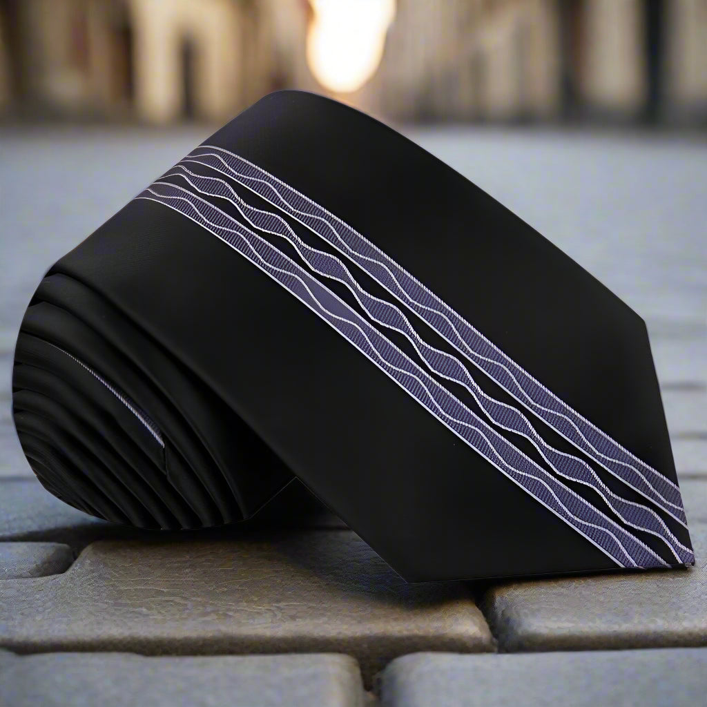 Close-up of the silk necktie showcasing the wavy line design, perfect for business meetings