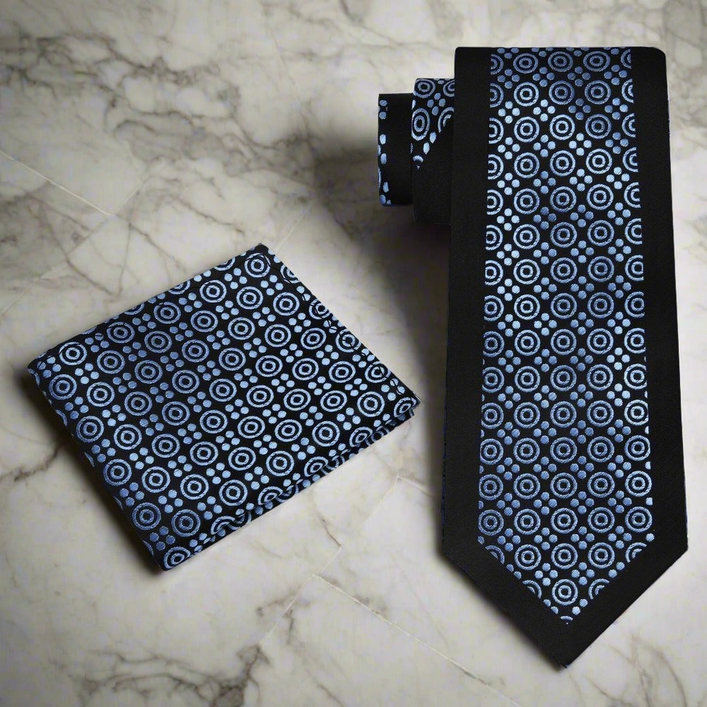 Elegant black silk necktie with light blue patterned design for evening reception