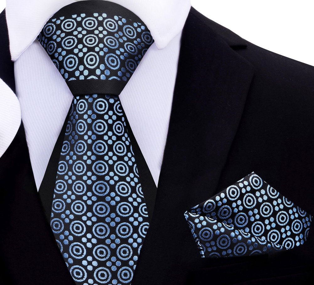 Men wearing silk necktie with blue circles in business setting