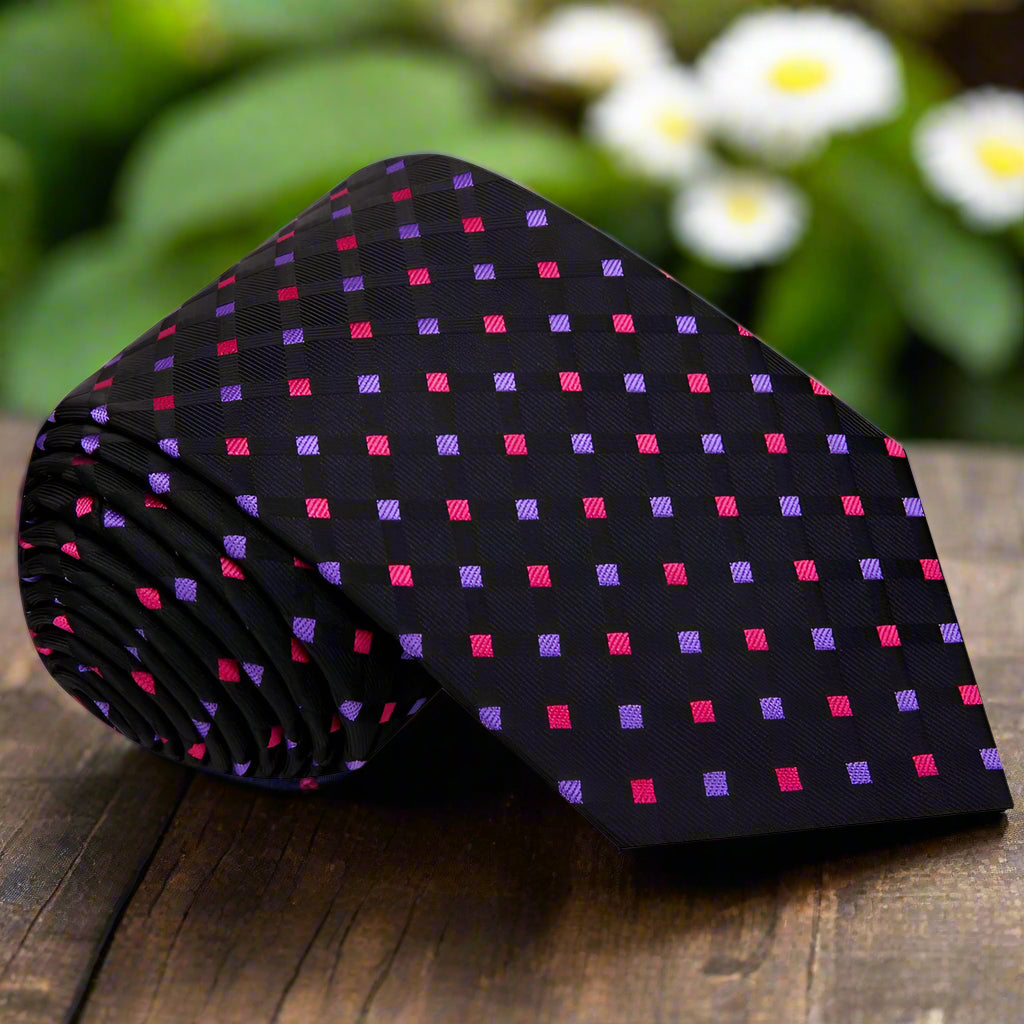 Close-up of black silk tie with pastel diamond pattern, ideal for business meetings