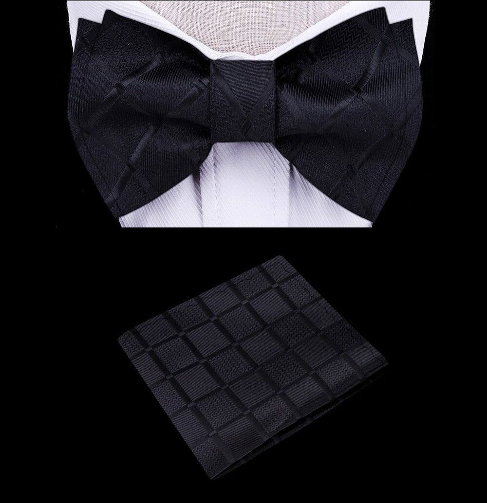 Elegant black bow tie set for kids, pre-tied with pocket square.