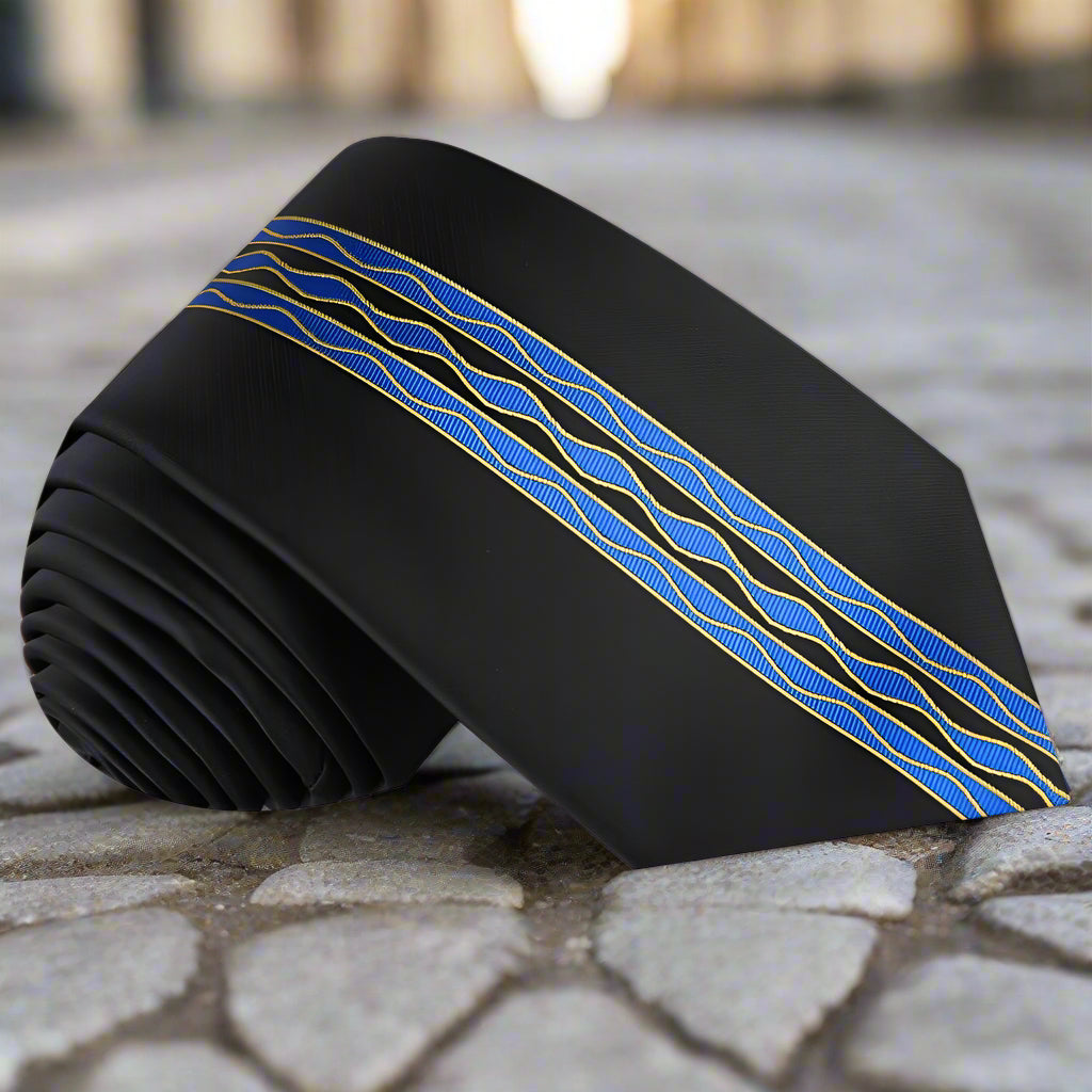Men's silk tie with wavy lines in black and blue, front view for formal wear