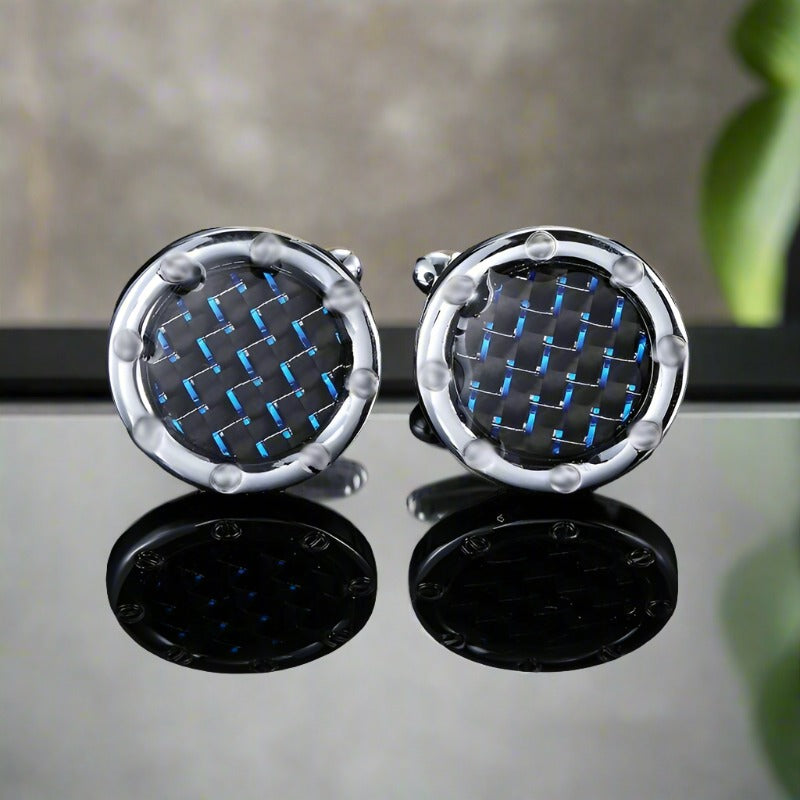 Blue chrome cufflinks with a modern shimmer, ideal for weddings and formal events
