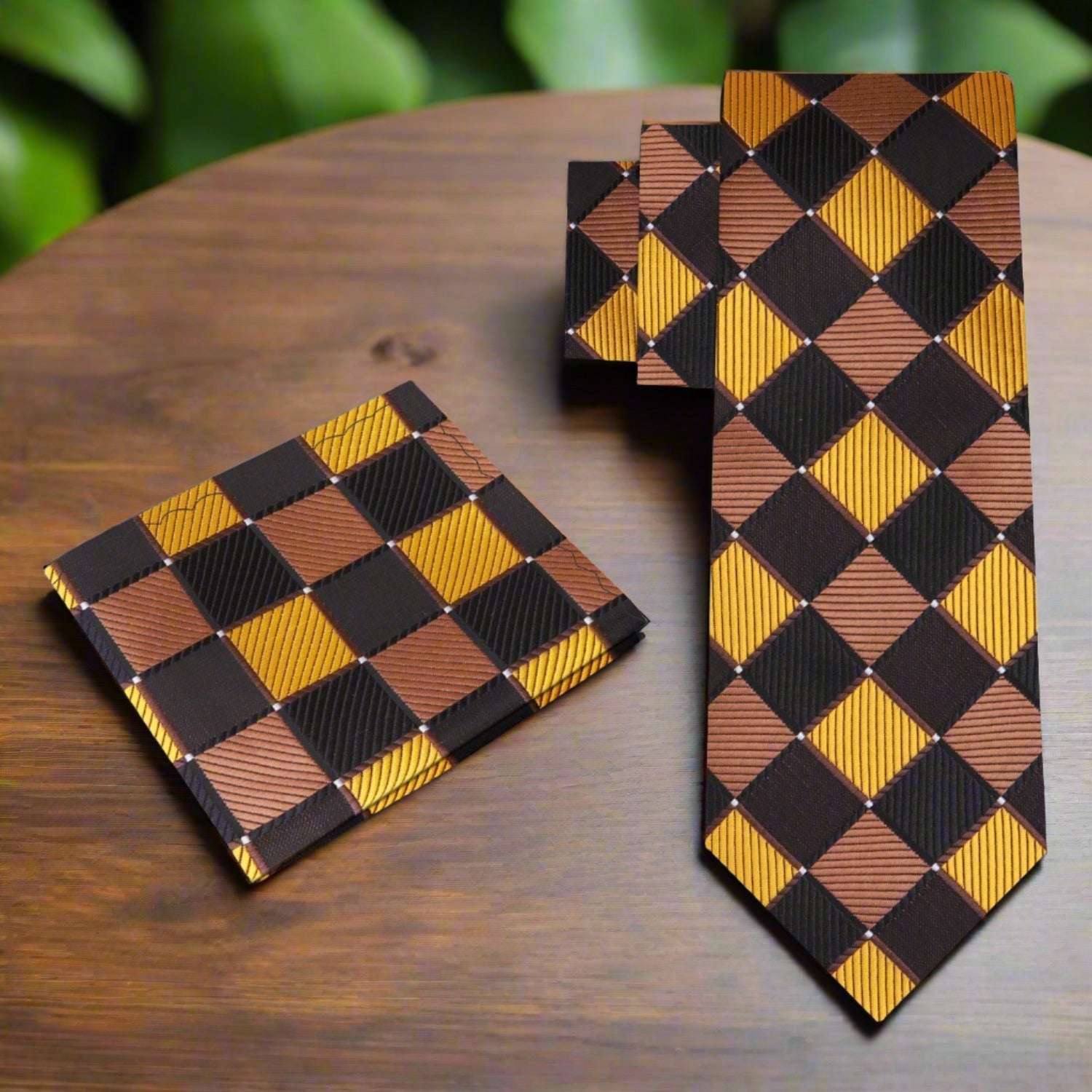 The brown gold geometric tie displayed on a mannequin, highlighting its versatility for both business meetings and cocktail parties.