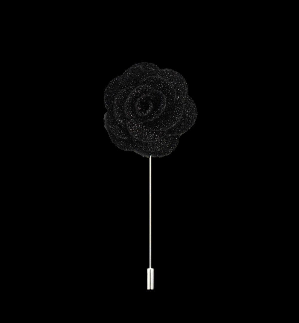 Side view of the brooch pinned to a suit lapel, showcasing how to use flower lapel pin with formalwear