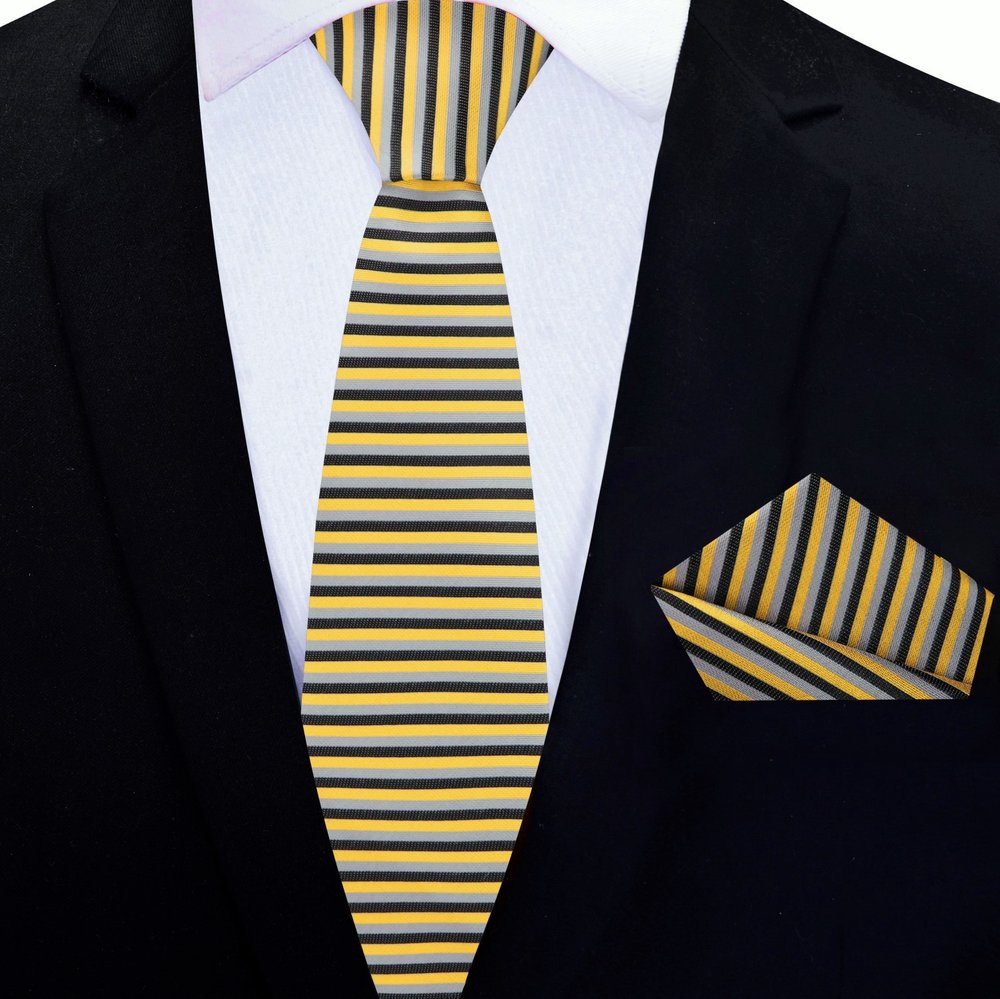 Stylish mens silk necktie with stripe pattern in yellow gold, black, and grey for weddings