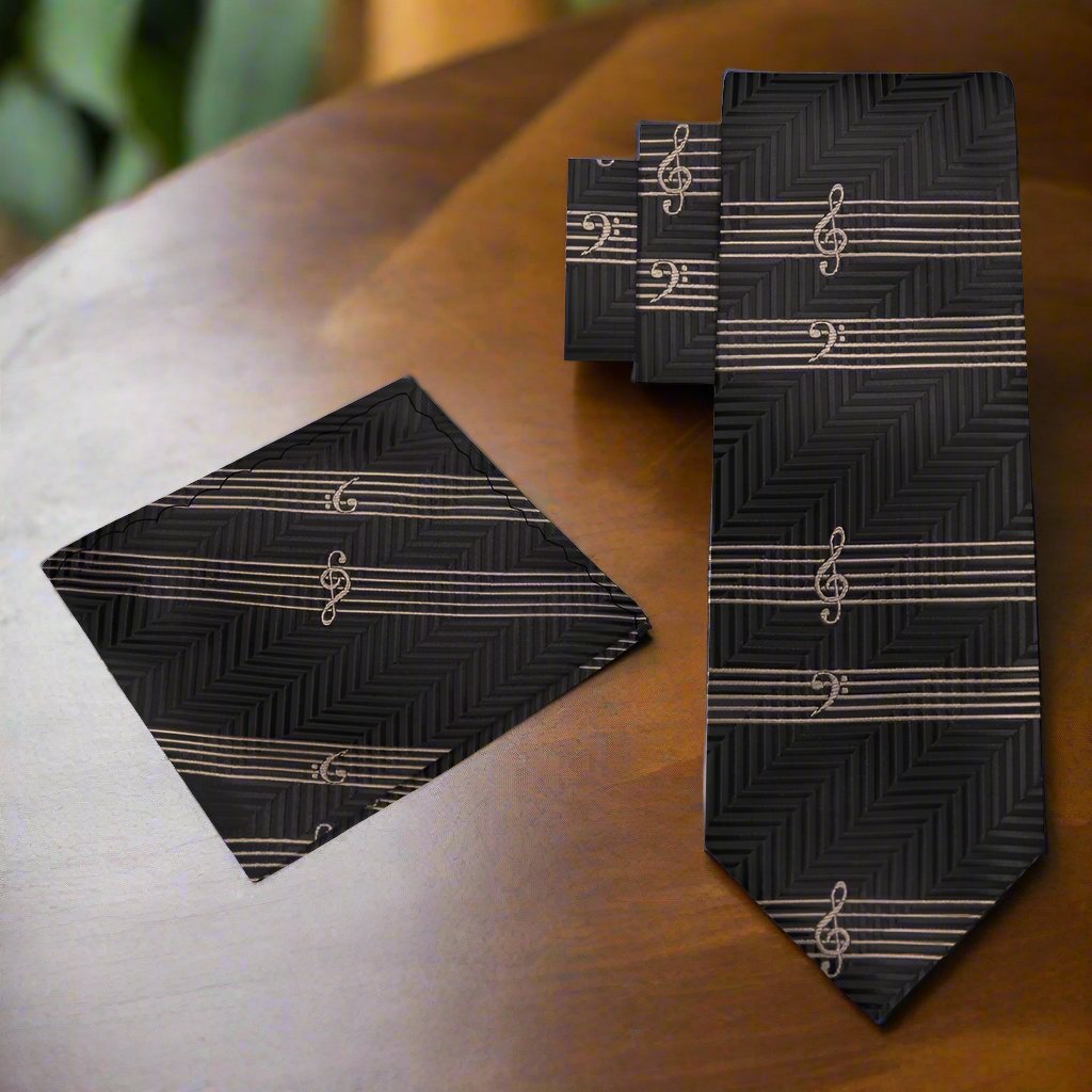 Close-up of Melodic Harmony Music Necktie showcasing intricate sheet music pattern.