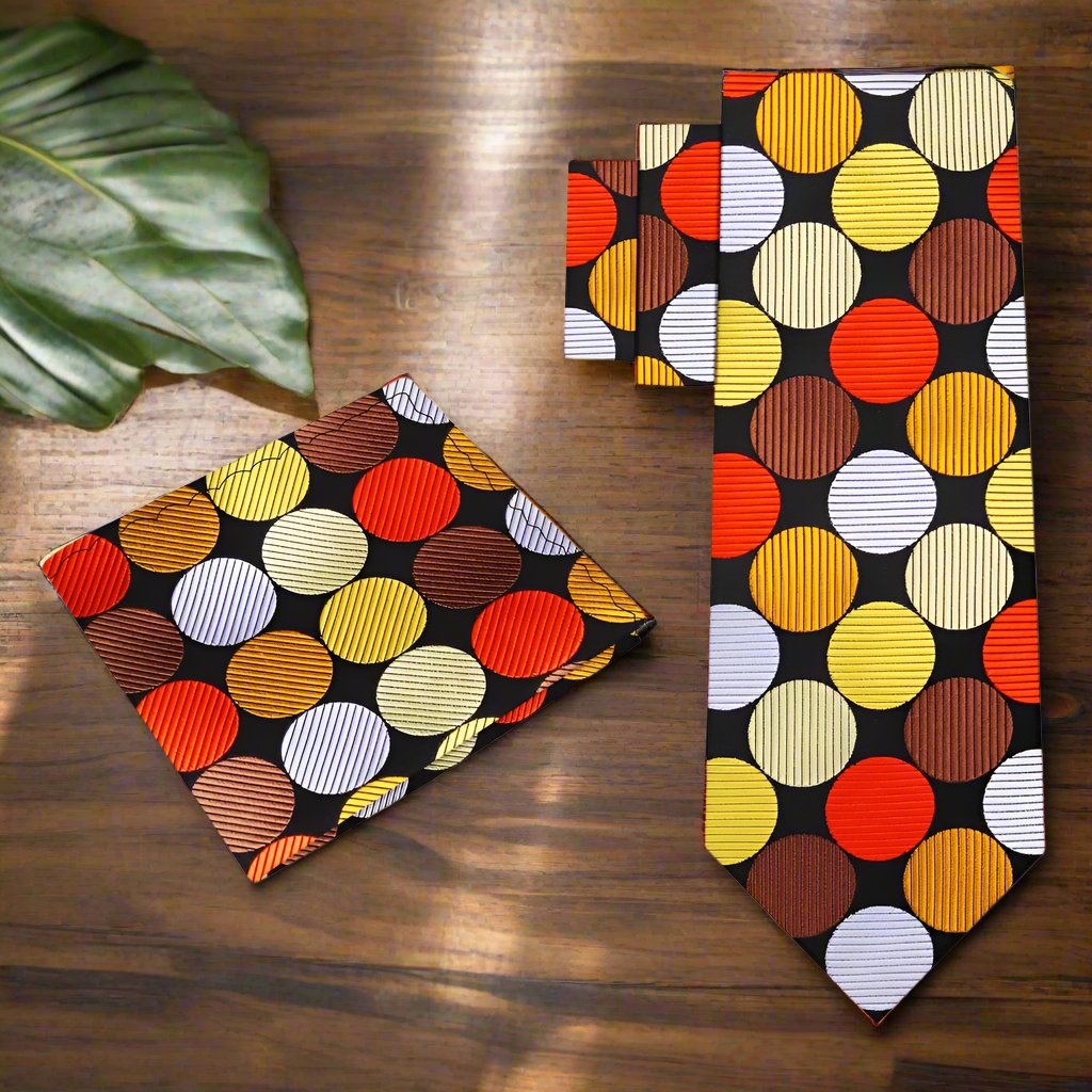 Man wearing a colorful polka dot tie at a wedding, displaying a stylish and confident look.
