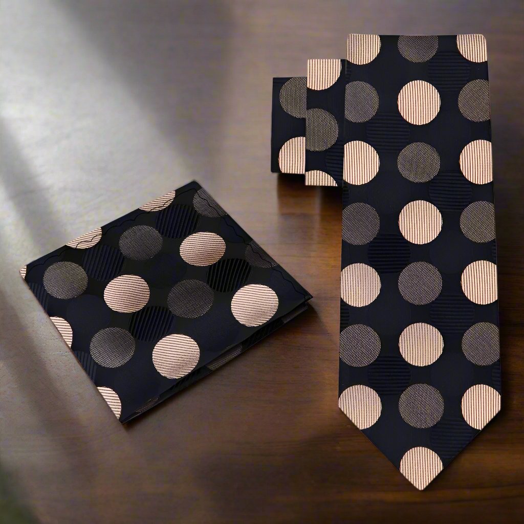 Large polka dot silk necktie in vibrant colors, showcasing the bold pattern against a white shirt.