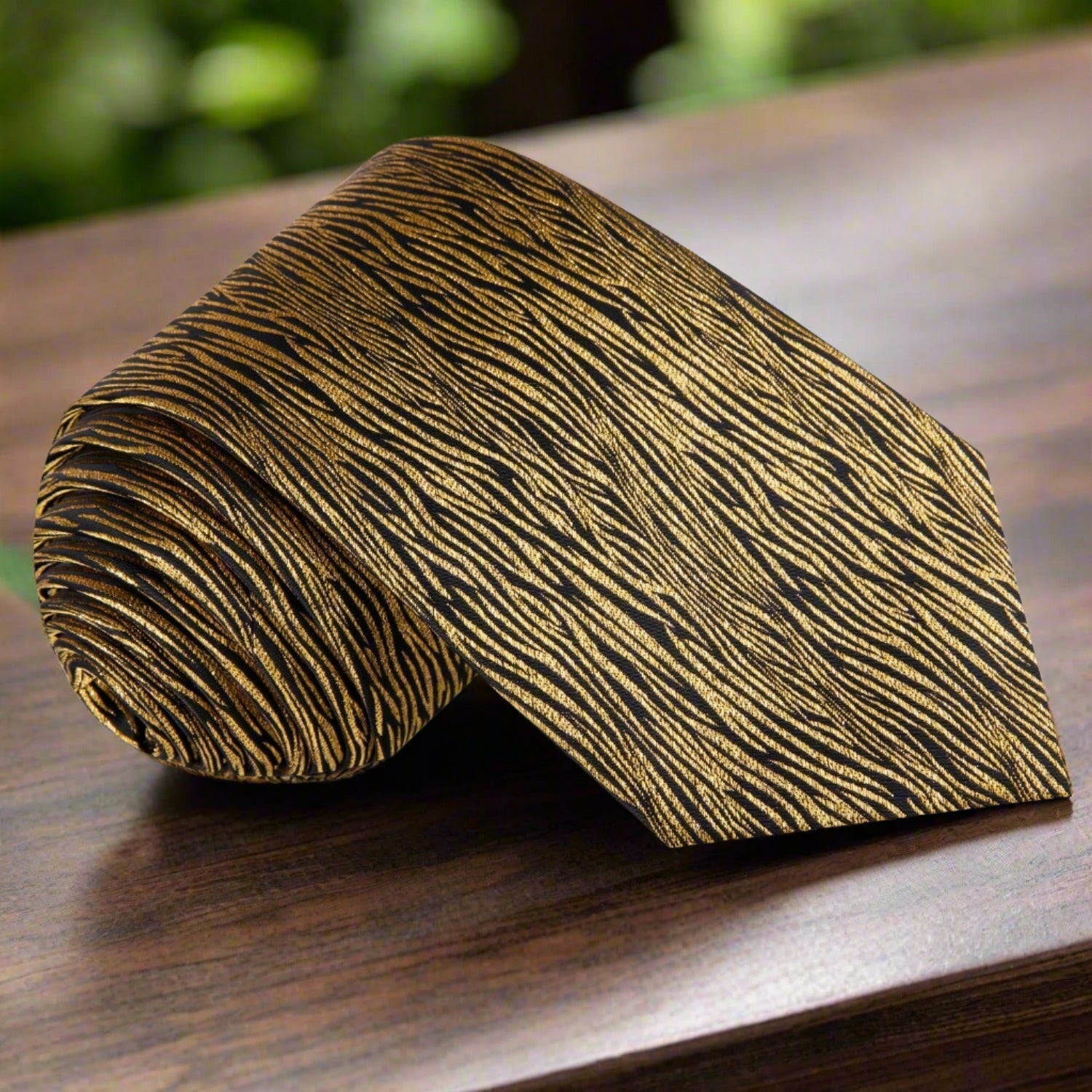 Elegant zebra design necktie showcasing black and gold silk pattern.
