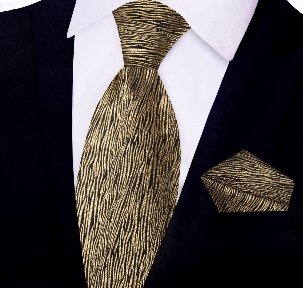 Elegant zebra design necktie showcasing black and gold silk pattern.