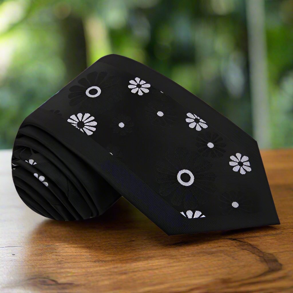 Close-up of cactus flower necktie highlighting the vibrant floral design.