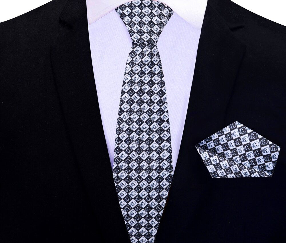 Mens checkered skulls necktie in blue and white, perfect for weddings or formal occasions