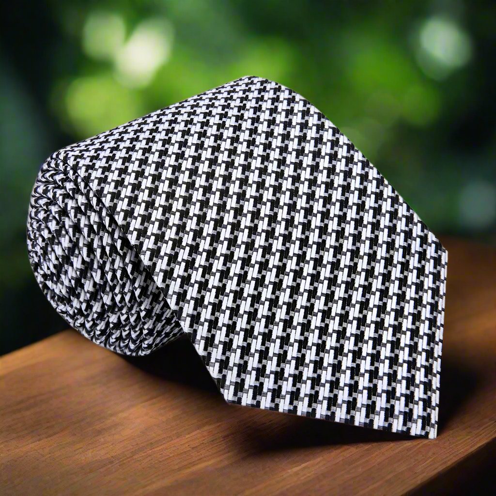 Matching pocket square in gold and black houndstooth design complementing the necktie