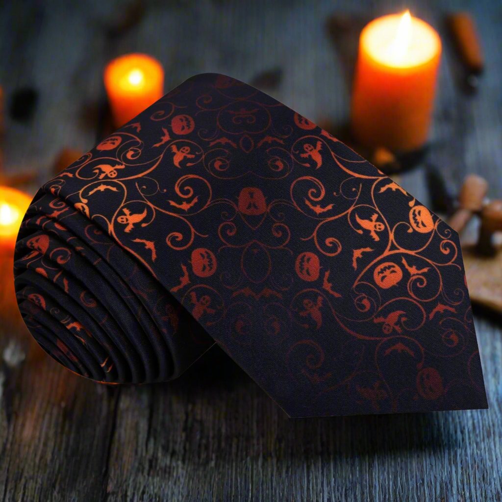 Spooky Charm Halloween Silk Necktie displayed against a black background, highlighting its playful ghost and pumpkin designs.
