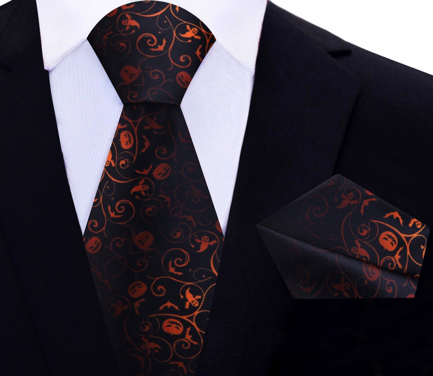 Model wearing the spooky tie with a crisp white dress shirt, perfect for an office Halloween party.